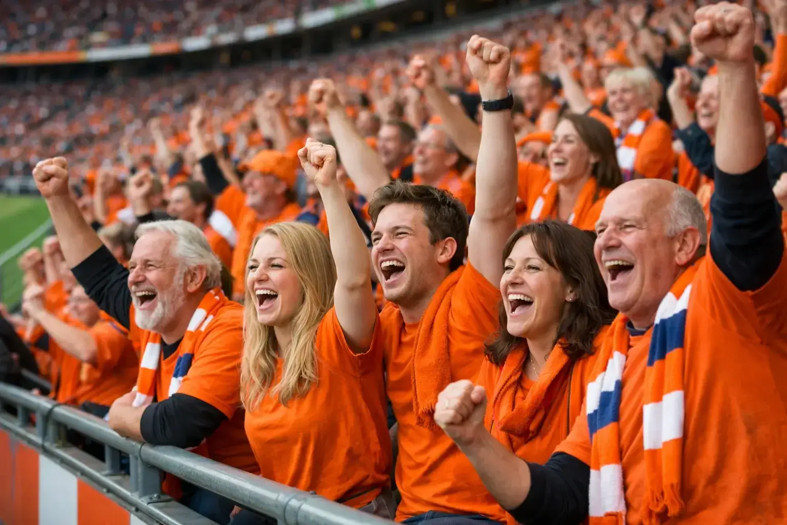 Nederlandse voetbalsupporters in oranje shirts op de tribune